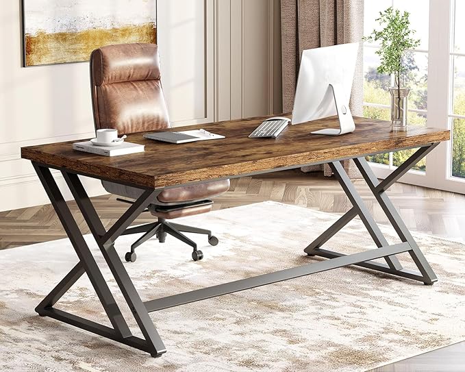 LVB Rustic Computer Desk, Metal Wood Home Office Desk, Industrial Simple Study Executive Desk for Writing Work, Wooden Student Gaming Computer PC Table with Storage for Bedroom, 55 Inch, Rustic Brown