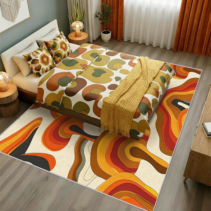 70s Retro Rug Large 7x10 Psychedelic Funky 1970s Abstract Pattern Area Rugs for Living Room, Bedroom, 70s Retro Home Decor Accessories Indoor Carpet, Non Slip & Machine Washable, GD0341