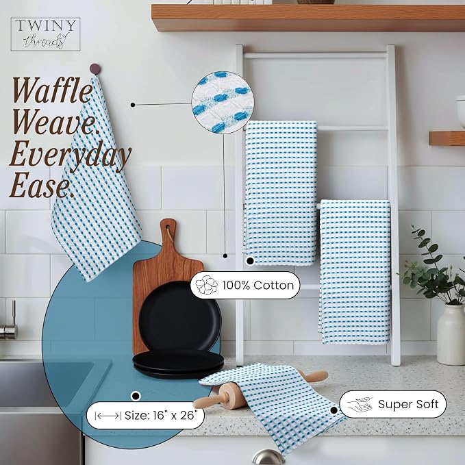 TWINY threads Waffle Weave Dish Towels Pack of 4, Large 16x26 Inches Kitchen Hand Towel Set, Super Absorbent, Fast Dry & Reusable Washcloths for Cooking, Cleaning & Drying, Turquiose Blue, White