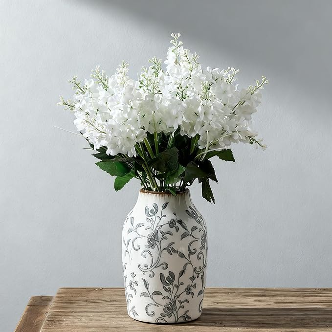 SIDUCAL Ceramic Vintage Vase, 7 Inch Retro Ice Cracked Chinoiserie Floral Vase, Rustic Farmhouse Vases for Home Decor, Bookshelf, Office, Garden, Chinoiserie Decor, Tuscan Decor, Gray Floral Pattern