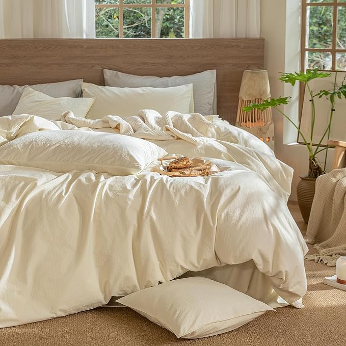 MooMee Wavy Striped Duvet Cover Set 100% Washed Cotton Linen Like Textured Breathable Durable Soft Comfy (Cream White, King 104"x90")