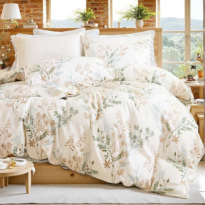 100% Cotton Duvet Cover King Size Ultra Soft Green Floral Comforter Cover with Luxurious Tan & Green Leaves on White, Reversible Lightweight Floral Duvet Cover Sets
