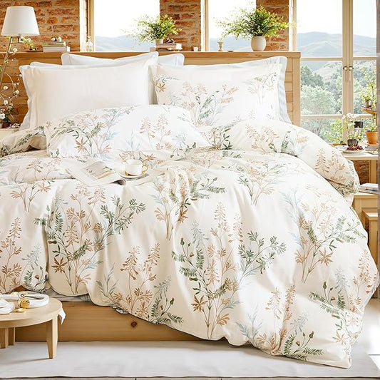 100% Cotton Duvet Cover King Size Ultra Soft Green Floral Comforter Cover with Luxurious Tan & Green Leaves on White, Reversible Lightweight Floral Duvet Cover Sets