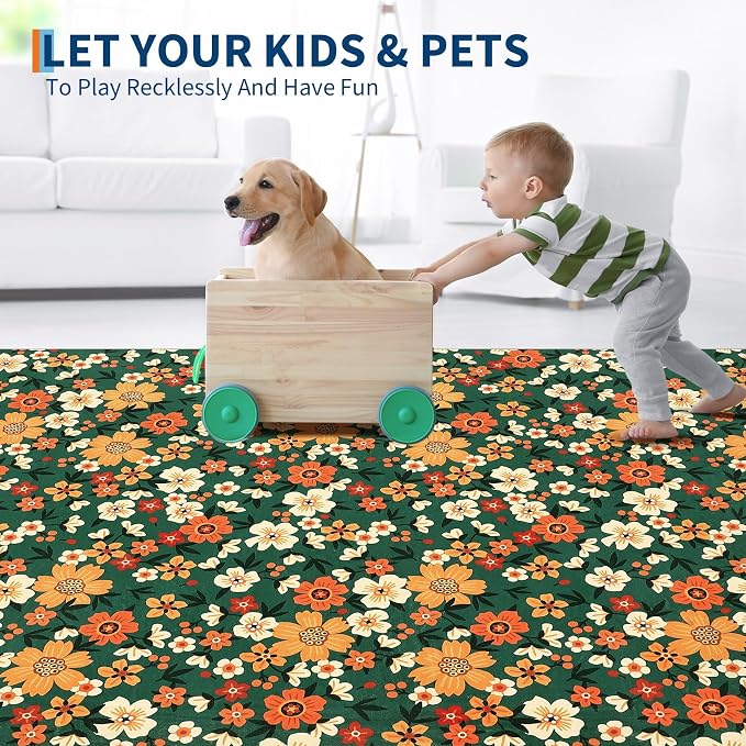 9x12 Area Rug Washable Modern Floral Rug for Living Room Low Pile Soft Bedroom Rugs Non Slip Modern Indoor Large Carpet Thin Foldable Floral Carpet for Nursery Dining Playroom, Green