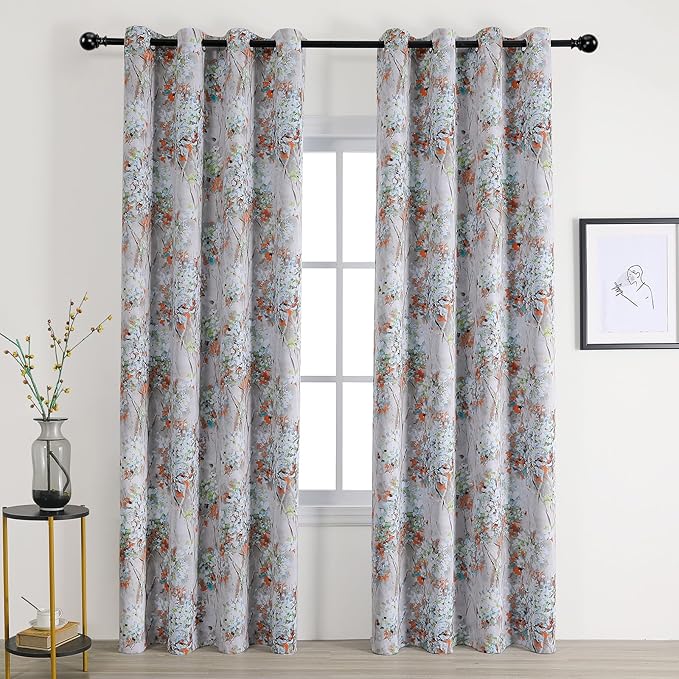 MYSKY HOME Floral Curtains 90 inch Length 2 Panels Light Blocking Curtains for Bedroom Thermal Insulated Living Room Vintage Window Curtains with Grommet, Orange and Green