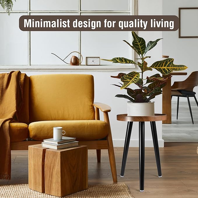 KGPLOME Indoor Plant Stand,Wood Mid Century Plant Table in Walnut Finish,Tall Plant Stand for Flower Pot,Modern Round Small Side End Table with Raised Design (Walnut, 12"x18")