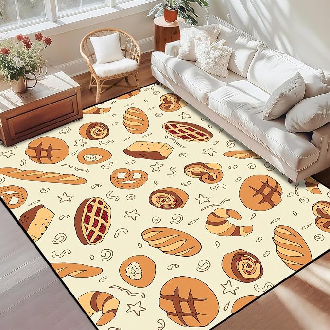 Cute Bread Area Rug 3D Cattoon Carpt Waffle Croissant and Muffin Rugs for Entryway Bedroom Living Room Kitchen Home Decor Washable Non Slip Floor Mat,2'x3'