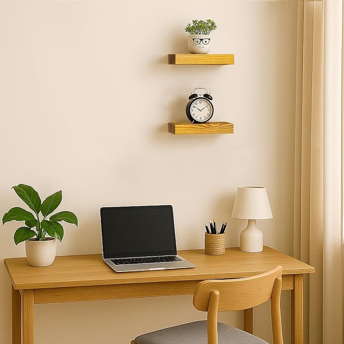 BGMG Small Wood Floating Shelves for Wall 8 inch Set of 2, Rustic Wooden Wall Mount Shelves for Living Room Bedroom Kitchen Farmhouse-8x6.7x1.25 inch- Gold Oak