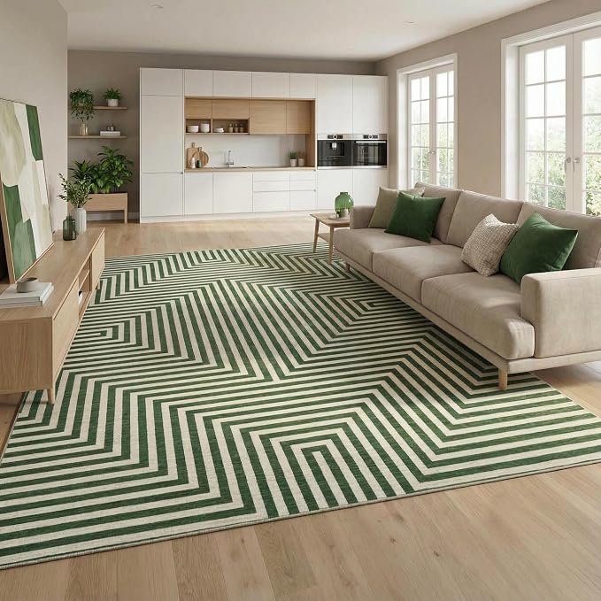 8x10 Washable Large Rug for Living Room Neutral Modern Geometric Lines Rugs for Dining Kids Room Playroom Low Pile Soft Bedroom Carpet Thin Foldable Modern Abstract Rug, Green