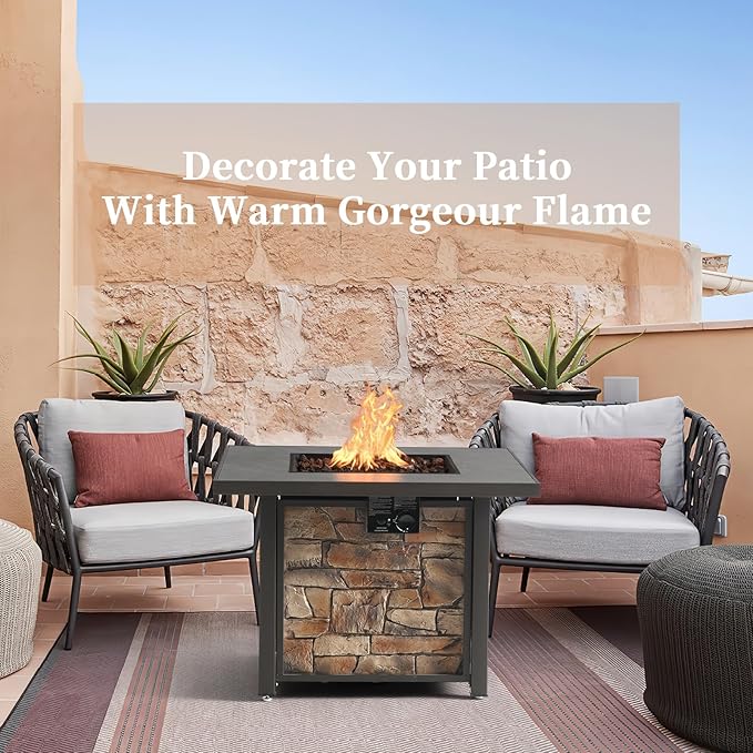 YATEMATE 36'' Propane Gas Fire Pit Table, Sintered Stone Tabletop & Polyresin Stone Look Panel, 50000 BTU Gas Fire Pit for Outside Patio and Garden, with Metal Lid & Lava Rocks