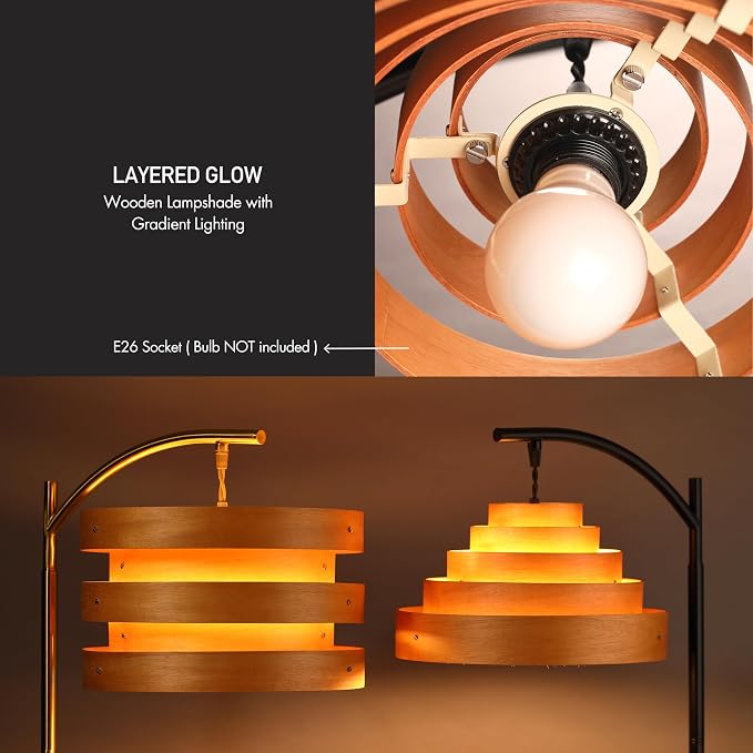 O’Bright Strata Wooden Floor Lamp - Mid Century Modern Standing Lamp with Layered Wood Shade, Tall Reading Lamp for Living Room, Bedroom, Office, Black, Light Oak, Cascade Shade