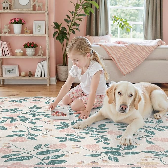 DCX Pink Botanical 5x7 Rug, Machine Washable Non Slip Stain Resistant Carpet, Kid & Pet Friendly Low Pile Floral Scalloped Rug for Living Room, Bedroom, Home Office