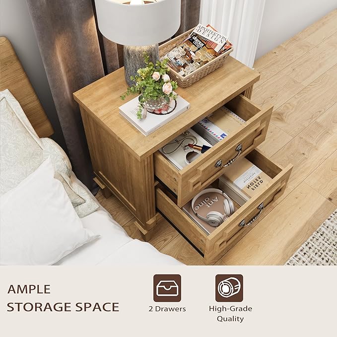 BLANKSPACE Farmhouse Nightstand wtih Vintage Surface, 26" Tall End Table, Side Table with 2 Drawers Storage Cabinet for Bedroom, Living Room, Natural Oak