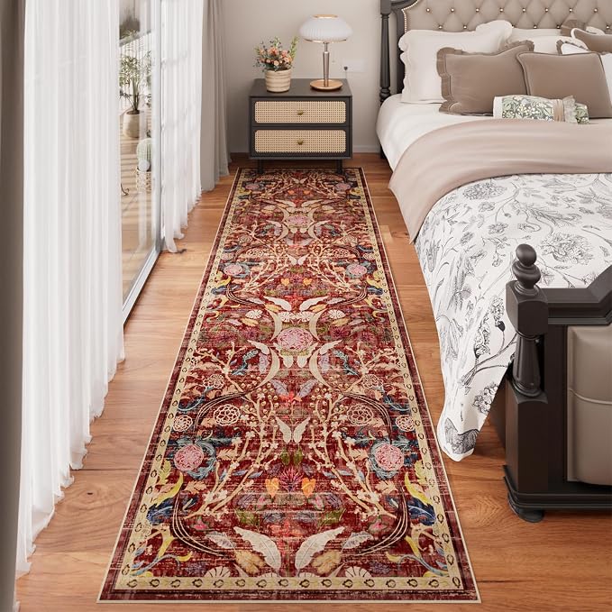 AMTOVO 2.7x8 Runner Rug for Hallway, Washable Non-Slip Long Kitchen Carpet, Floral Vintage Distressed Floor Mat for Hallways Entryway Living Room Laundry Room Bathroom Farmhouse, Red
