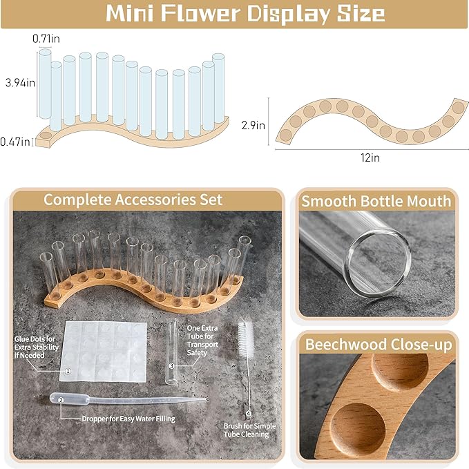 Test Tube Vases for Flowers，Small Plant Propagation Station，S Shape Plant Terrarium with Wooden Stand (Solid Beech)