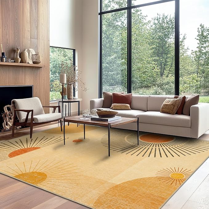 9x12 Large Area Rug for Living Room Sun Rug Mid Century Modern Rugs Machine Washable Boho Geometric Rug Non Slip Printed Low Pile Indoor Floor Carpet for Dining Room Bedroom Office,Yellow