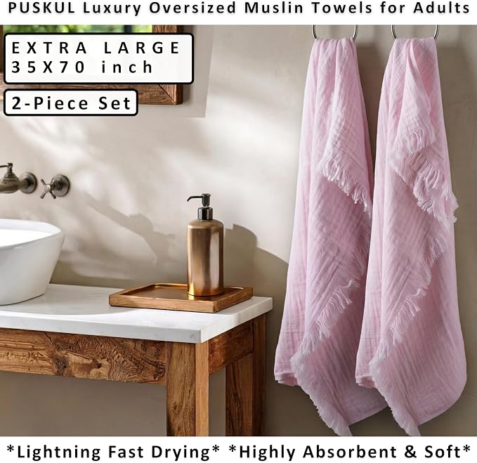 PÜSKÜL - Premium 2-Piece Oversized Muslin Bath Towel for Adult 35x70 Extra Large Bath Sheets | Natural 100% Turkish Cotton Soft Absorbent Quick-Dry Thin Spa & Beach Towels (Pack of 2, Light Pink)