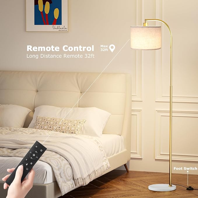 Ambimall Arc Floor Lamp with Remote and Stepless Dimmable Bulb, Colors Temperature & Brightness Adjustable, Gold Pole & Marble Base