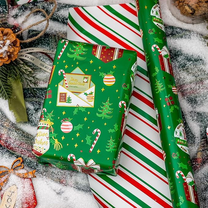 MAYPLUSS Green Christmas Wrapping Paper Roll, Reversible Festive Ornament Wrapping Paper, Metllic Foil Vintage Stocking & Bell Christmas Gift Wrap for Kid Holiday, Celebrations (17 Inch X 33 Feet)