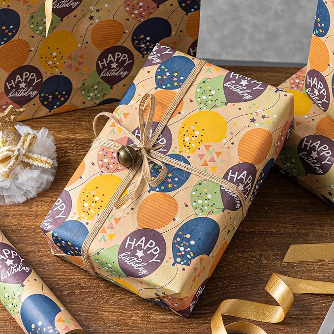 MAYPLUSS Birthday Wrapping Paper Roll, Colorful Ballon Kraft Happy Birthday Gift Wrap for Boys Girls Men Women 17 IN x 16.4 FT