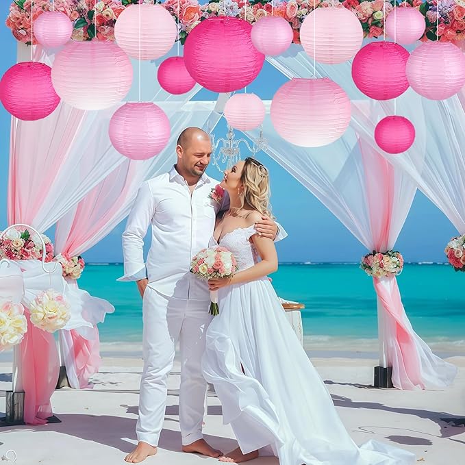 Paper Lanterns Decorative, Gradient Pink Round Hanging Paper Lantern Decorations for Wedding, Valentine's Day, Anniversary, Baby Shower, Girls Birthday Party Supplies, 15Pcs