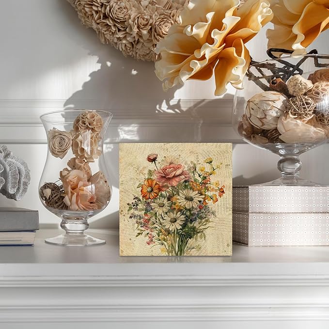 KFXHANGD Vintage Floral Wooden Box Sign Desk Decor, Floral Desk Decor, Wildflower Decorative Decor for Women Office Living Room Bedroom, Botanical Flowers Home Shelf Desk Decor 5x5 Inch