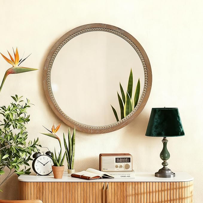 23.62" Round Rustic Farmhouse Wall Mirror Distressed Wood Beaded Frame Vintage Accent Mirror Wall Mounted HD Decorative Mirror For Bathroom Bedroom Entryway Modern Farmhouse Mid-Century Home Decor