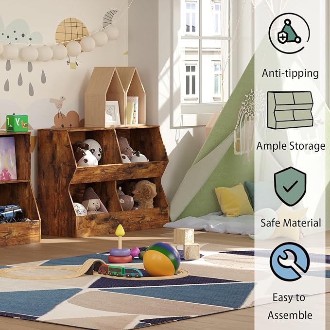 DINZI LVJ Kids Bookshelf, Toy Storage Organizer, Wooden Toy Storage Cabinet, 4 Cubby Children Bookcase, 39.4" L Toddler Book Shelf for Bedroom, Nursery, Hallway, School, Rustic Brown