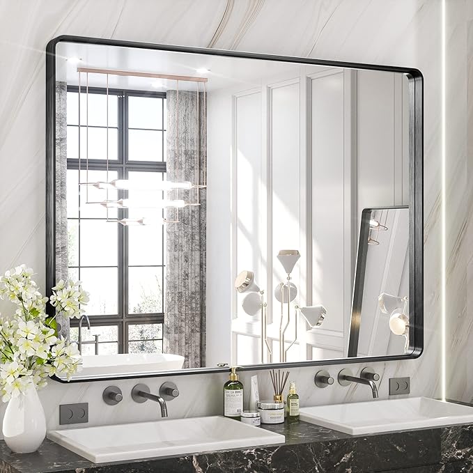 TETOTE 48 x 36 Inch Mirrors for Bathroom, Matte Black Framed Rectangular Large Modern Farmhouse Vanity Mirror for Wall Decor (Horizontal/Vertical)