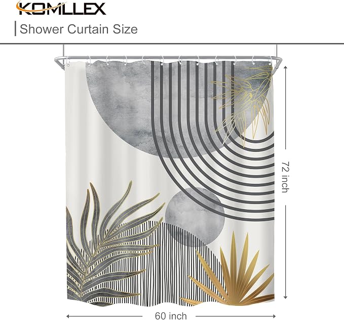 KOMLLEX Mid Century Boho Shower Curtain for Bathroom Decor Abstract Grey Modern Minimalist Gold Aesthetic Sun Arch Curve Leaves Geometric Neutral Fabric Waterproof Polyester 12 Pack Hook 60Wx72H