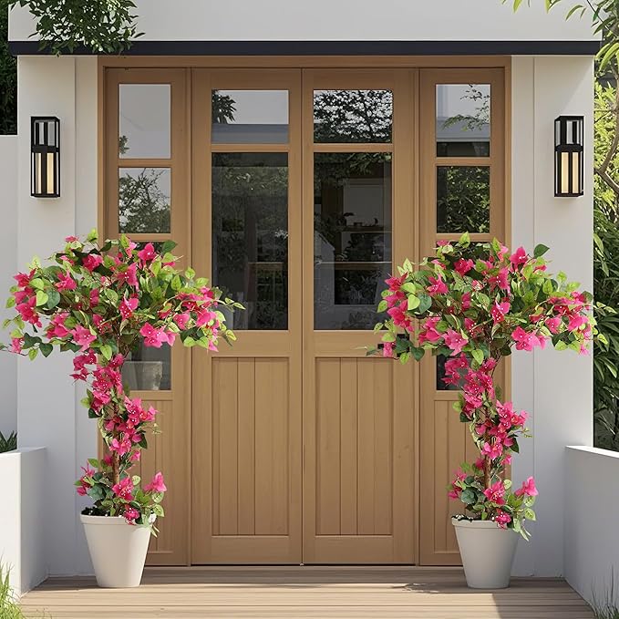 Damomo 4 Feet Artificial Bougainvillea Trees, Fake Bougainvillea Flowers Plant with Ground Spike, Outdoor Faux Azalea Blooming Plants 2 Packs for Decor Front Porch Indoor or Home Office (47 inch)