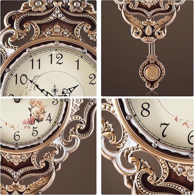 Aero Snail Retro Wall Clock with Pendulum, European Victoria Mid Century Style, Battery Operated Large Metal Silent Clock for Living Bedroom Wall Vintage Decor - Brown