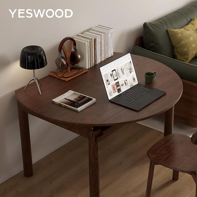 YESWOOD 33.5''-51.2'' Extendable Round Dining Table for 4-8, 100% Solid Oak Expandable Kitchen Table with Removable Leaves, Modern Wood Space Saving Dinner Table for Dining Room, Living Room, Walnut