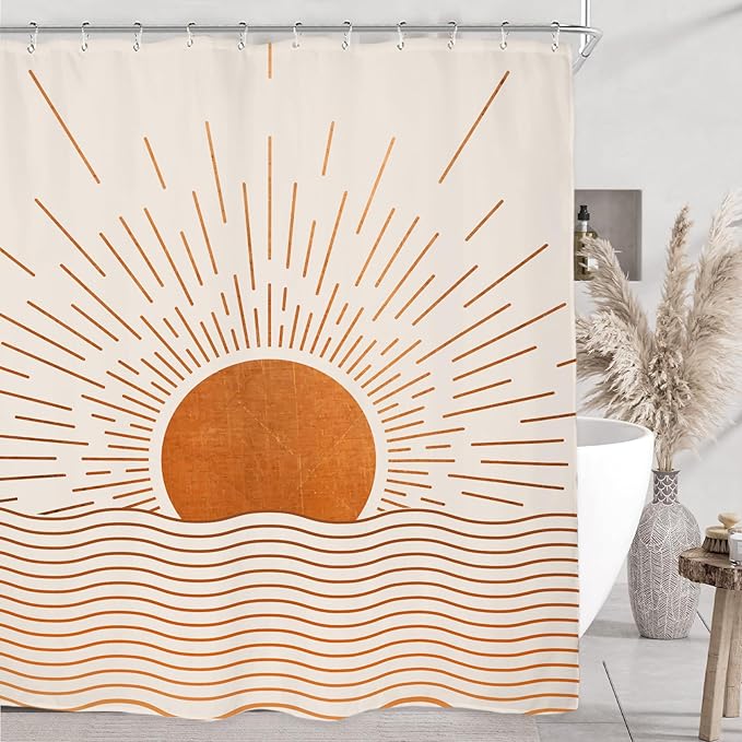 Miyotaa Abstract Sun Shower Curtain Set 60Wx71H Inches Burnt Orange Sunrise Sunset Mid Century Retro Vintage Minimalist Aesthetic Waterproof Bathroom Curtain with 12 Hooks