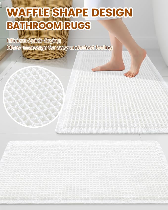 Smiry Waffle Bath Mat 59x35, Extra Soft Absorbent Bathroom Rugs, Non Slip Machine Washable Quick Dry Bath Rugs for Bathroom Floor, Tub, Shower, Home Decor Accessories, White