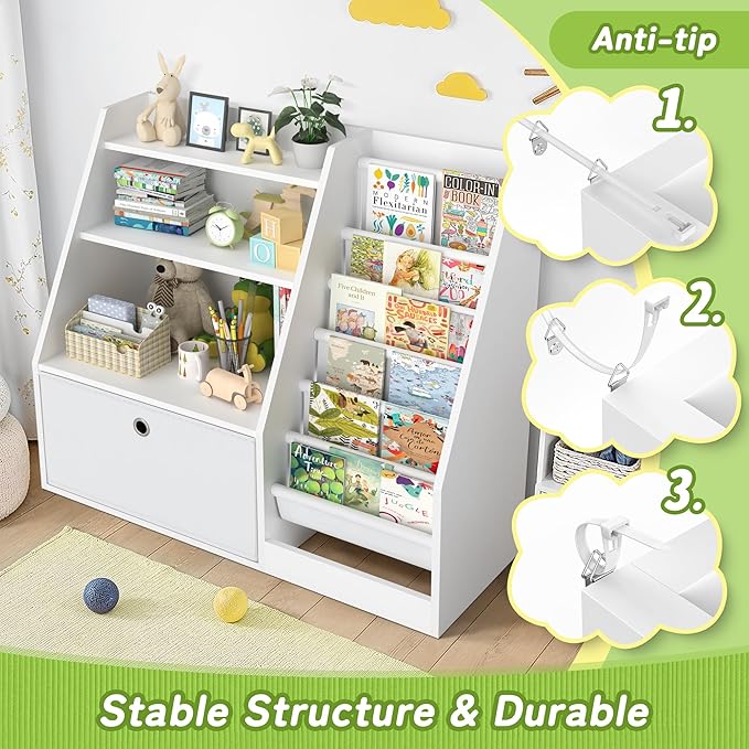 TOETOL Kids Bookshelf,Book Storage Organizer,6 Sling Toddler Wooden Book Shelf,3-Tier Kids Bookcase for Bedroom,Livingroom,Playroom,Nursery-White