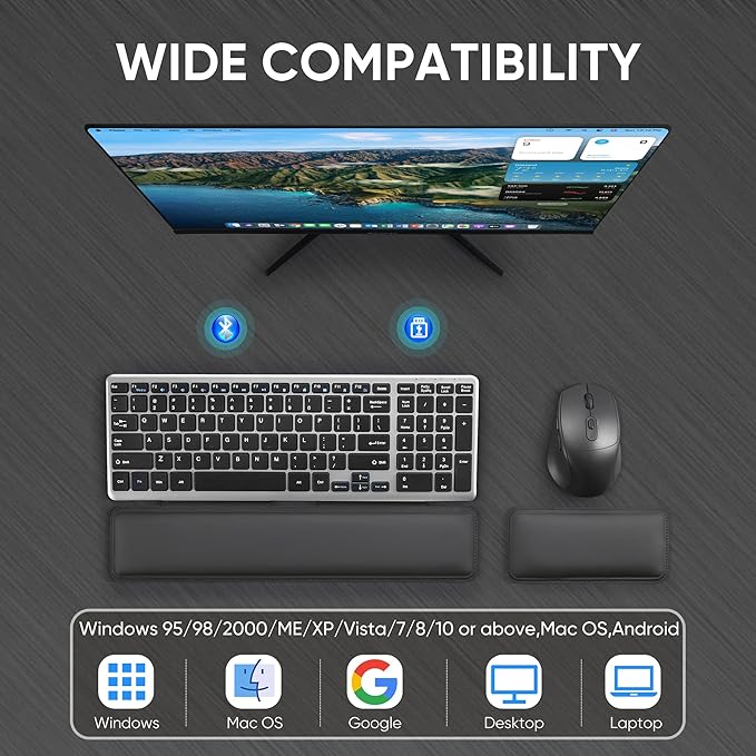 Wireless Quiet Keyboard & Mouse Combo with Magnetic Ergonomic Design Keyboard and Mouse Wrist Rest,Relief Typing Pain, Wrist Rest Support Hand and Arm, 2.4G Stable Connection,Adjustable DPI