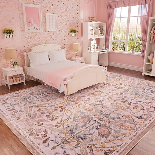 AMTOVO 6x9 Washable Area Rugs for Living Room, Non-Slip Colorful Floral rug, Soft Boho Vintage Accent Printed Pattern Carpet for Bedroom Girls Room Dorm Dining Room Farmhouse Nursery Home Office, Pink