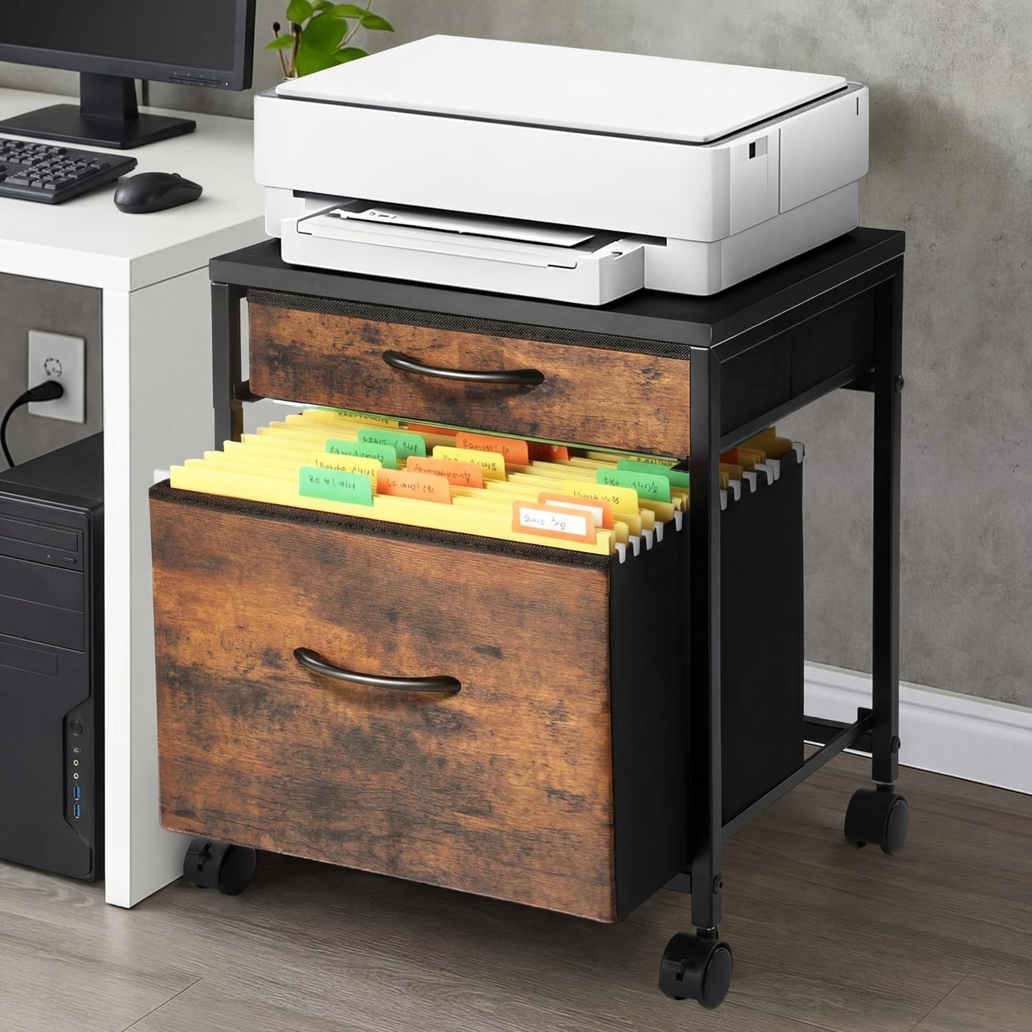 AceOrbit Rolling Mobile File Cabinet - 2 Fabric Drawers, Lockable Wheels, Rustic Brown Finish for Home Office