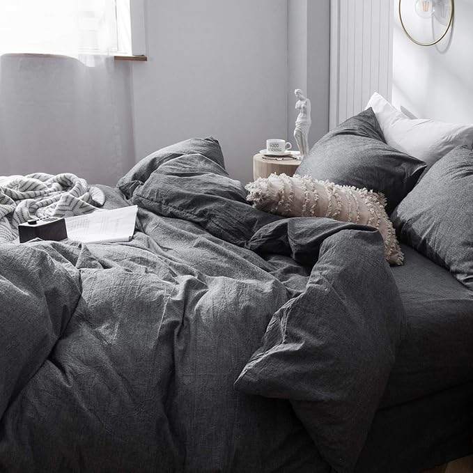 MooMee Bedding Duvet Cover Set 100% Washed Cotton Linen Like Textured Breathable Durable Soft Comfy (Heathered Dark Grey, Oversized King Plus 128"x120")