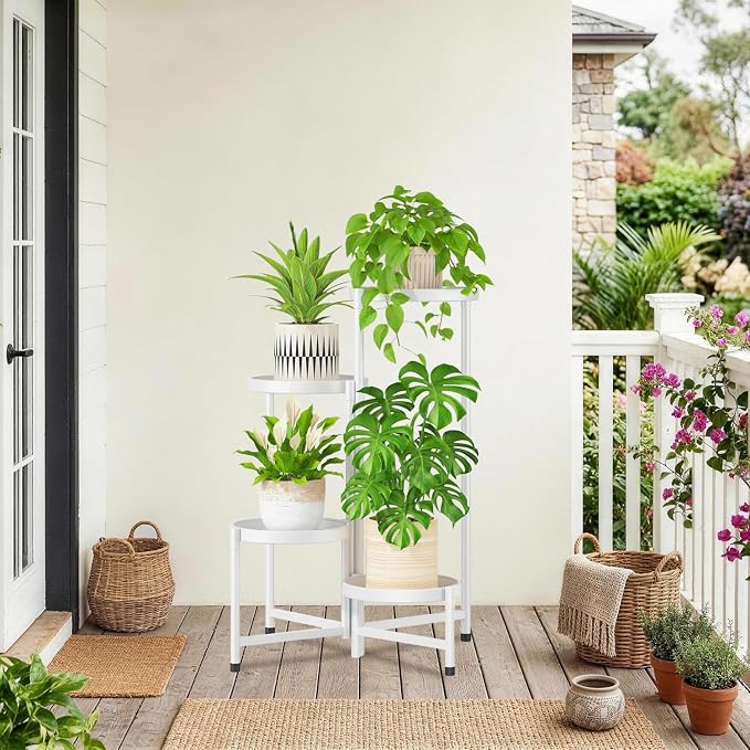 iDavosic.ly 4 Tier Large Plant Stand Indoor, 10 Inch Wide Tall Corner Metal Plant Stands Outdoor for Multiple Plants, Folding Tiered Flower Display Holder Rack Shelf, White