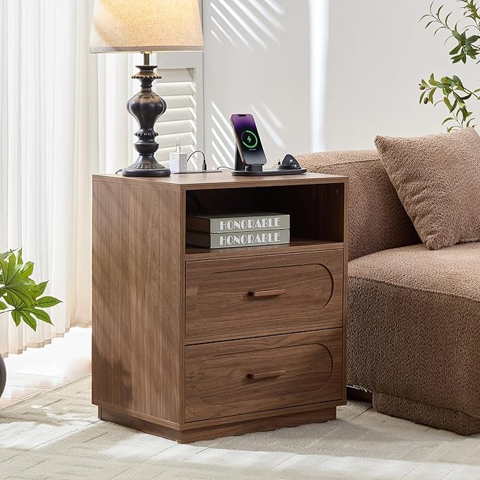 Walnut Night Stand Set of 2 with Charging Station, 25.8" Tall Wood End Table with 2 Storage Drawers and Open Shelf, Mid Century Modern Bedside Table for Bedroom, Living Room, Walnut