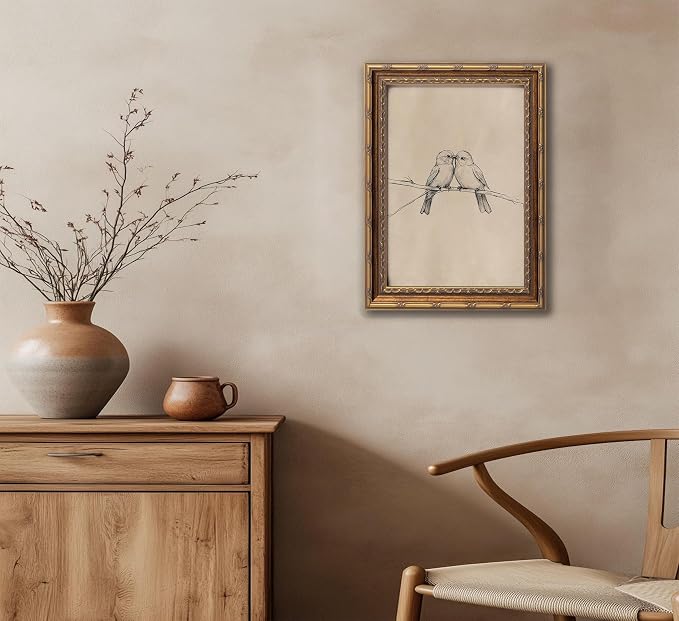 Vintage Gold Framed Bird Canvas Wall Art Two Birds Sketch Wall Decor Vintage Farmhouse Sketch Animals Artwork Retro Birds Painting Retro Rustic Print for Farmhouse Bedroom Living Room 9X11in