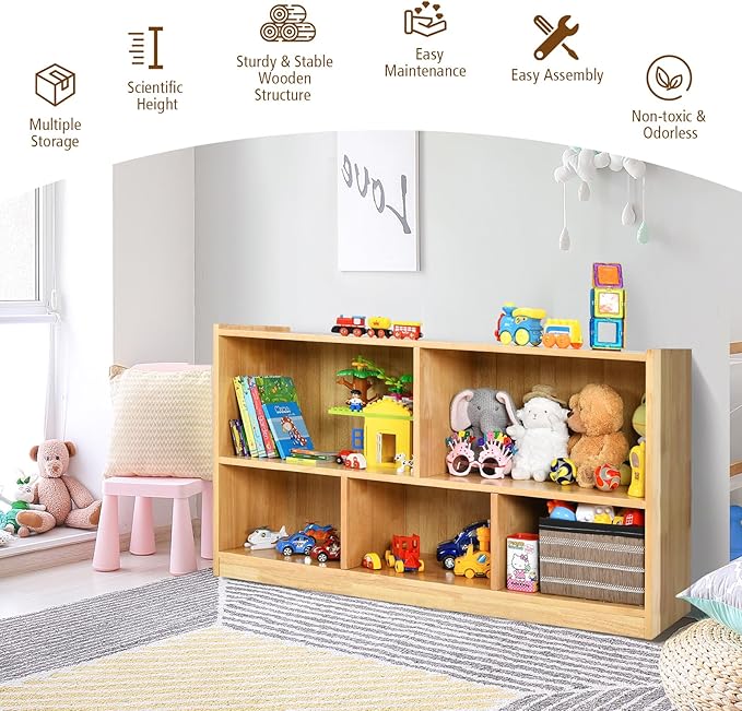 Costzon 2-Shelf Bookcase for Kids, Wooden Toy Storage Organizer for Books Toys, 5-Section Freestanding Classroom Daycare Montessori Bookshelf for Preschool, Home Playroom & Kindergarten (Burlywood)