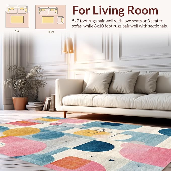 Flatwoven High Traffic Area Rug 4x6, Whimsical Abstract Animal Inspired Dotted with Playful Shapes and Gentle Swirls, Non Slip, Stain Resistant, Washable Area Rugs for Living Room, Bedroom (Pink, 4x6)