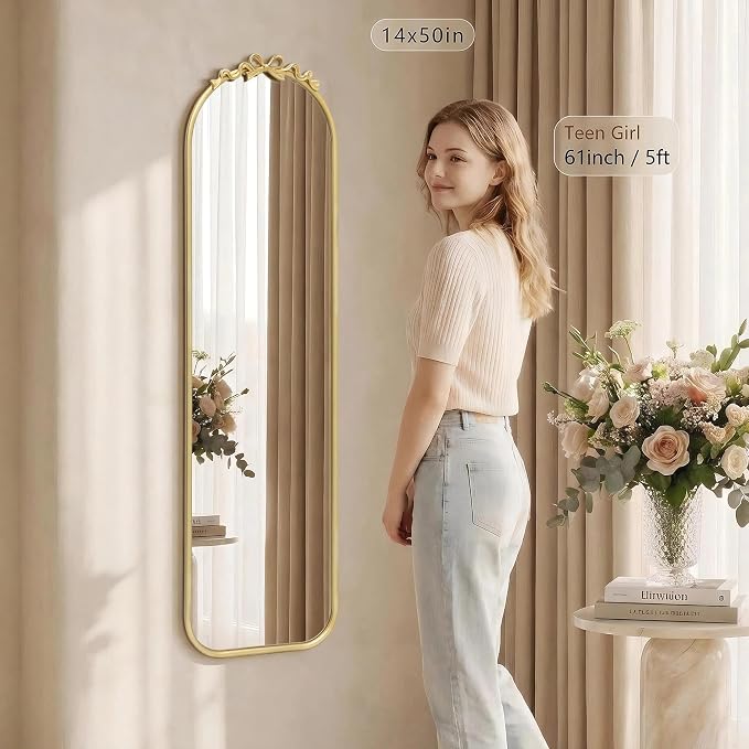 Besdomus Door Mirror Full Length: 14"x50" Gold Vintage Bow Over The Door Hanging Mirror - Antique Baroque Traditional Ornate Full Body for Girls Bedroom/Cloakroom/Living Room - Ideal for Teen Girl