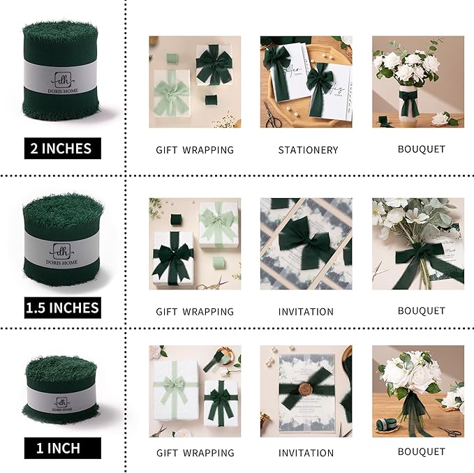 DORIS HOME Dark Green Chiffon Ribbon for Flower Bouquet, 1" x21Yd Fabric Ribbon for Gift Wrapping, Handmade Frayed Ribbon for Wedding Invitations/Christmas Decorations