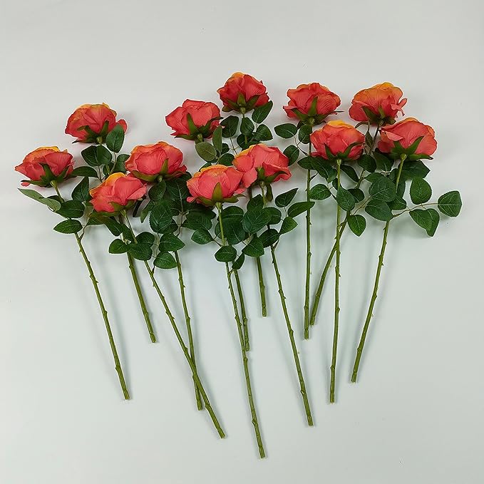 ATFL Fake Sunset Red Roses Artificial Flowers Bulk,Floral Diameter 4'',12 Pcs Artificial Silk Roses Flowers with Stems for Wedding Arrangement Centerpieces Party Home Table Decorations (Orange & red)