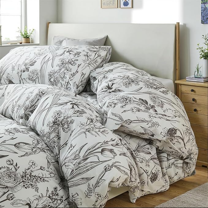 100% Cotton Duvet Cover Queen Size – Vintage Botanical Sketch Elegant Taupe Floral Duvet Cover Set with Zipper Closure, 3-Piece Soft Breathable Natural Premium Cotton Bedding Set