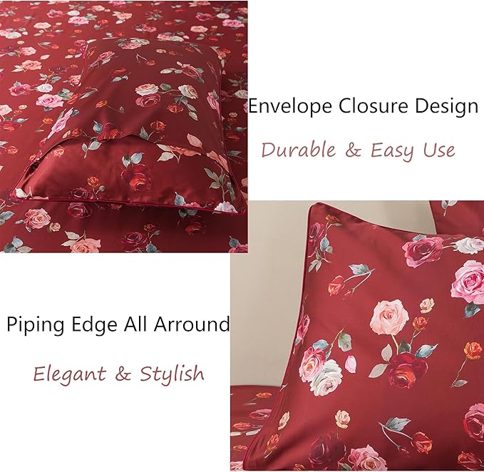 FADFAY Red Rose Sheets Set King Vintage Rose Floral Bedding Chic Rose Flower Bed Sheets Shabby Farmhouse Bedding 100% Percale Egyptian Cotton 800 Thread Count Deep Pocket Fitted Sheet 4Pcs, King Size